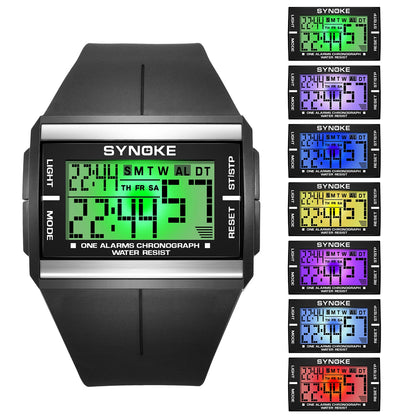 SYNOKE digital watch with colorful display and additional color options shown.