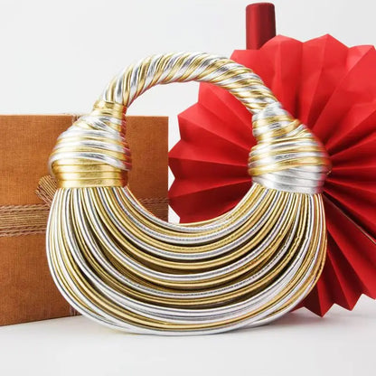 Handbags for Women 2025 New Gold Luxury Designer Brand Handwoven Noodle Bags Rope Knotted Pulled Hobo Silver Evening Clutch Chic - BeeTrendyShop.COM