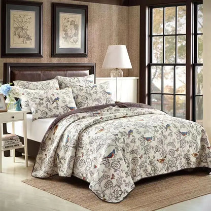 100% Cotton Quilted Bedspread – Rural Retro Bed Cover with Pillowcases for Queen & King Size