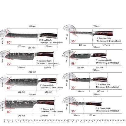 Laser Damascus Kitchen Knife Set – Cleaver, Santoku, Bread, Boning & Kitchen Scissors