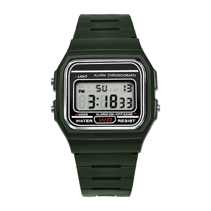 Green digital watch with a white display on a white background