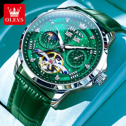 Green watch with detailed face and green strap on a blue background, featuring OLEVS branding.