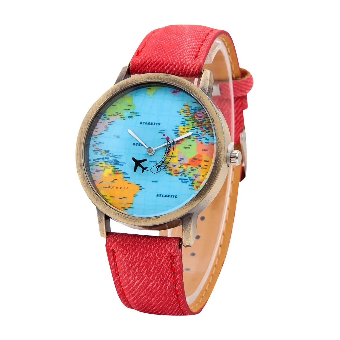 Fashion Global World Map Plane Denim Fabric Band Watch Casual Men Women Wristwatches Quartz Watch Gift Horloges Relógio - BeeTrendyShop.COM