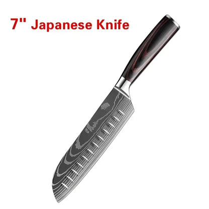 Laser Damascus Kitchen Knife Set – Cleaver, Santoku, Bread, Boning & Kitchen Scissors