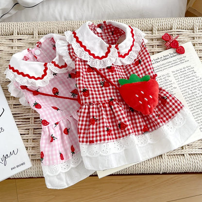 Strawberry Plaid Dog Dress for Small Breeds - Summer Puppy Apparel - BeeTrendyShop.COM