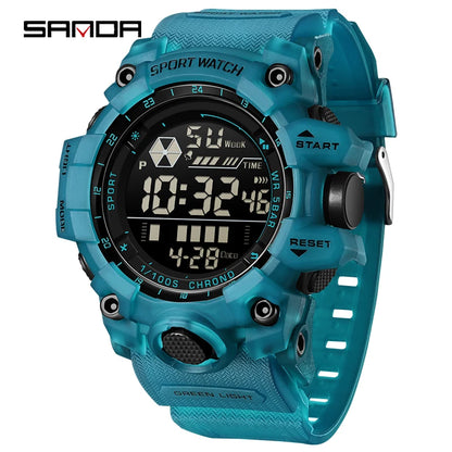Teal digital sports watch with detailed display on a white background