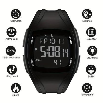Men's Outdoor Digital Watch – LED Backlight, 5D Pedometer, Countdown, Stopwatch, Waterproof