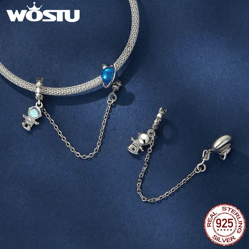 WOSTU 925 Sterling Silver Amimal Safety Chain Heart Key Flower Pendant CZ Charms Stopper Fit Original Bracelet DIY Fine Jewelry