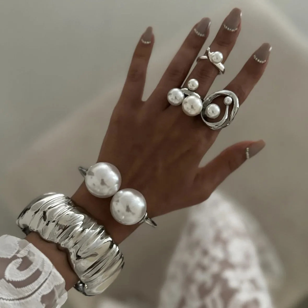 Bracelet Vintage Pearl Wide Cuff Bangles Men Hip Hop Punk Gold Silver Color Geometric