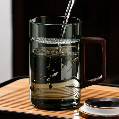 Glass Coffee Mug with Wooden Handle – Transparent Tea Cup Kitchen Coffeeware