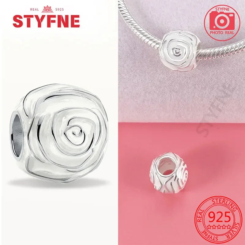 925 Silver Rose Pink Flower Shiny  Zircon Charm Beads For Original Charms Original Bracelet for Women DIY fine Jewelry Gift