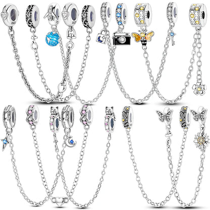 925 Sterling Silver Safety Chain Travel Charm Beads – Aircraft, Earth & Camera