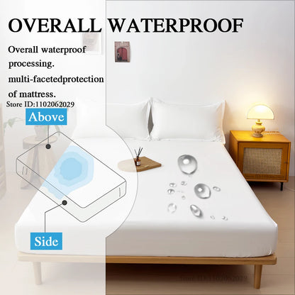 Waterproof Fitted Bed Sheet & Mattress Protector – Elastic Band Coverlet for Single, Double, King & Queen