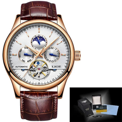 Luxury watch with brown leather strap and detailed face, including packaging on a white background.