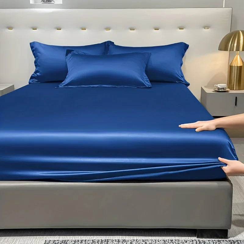 Modern Satin Ice Silk Solid Color Fitted Sheet – Smooth Bedroom Bedspread (Excluding Pillowcases)