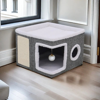 Multi-Level Cat Activity Center - Foldable Scratching Post & Warm Bed - BeeTrendyShop.COM