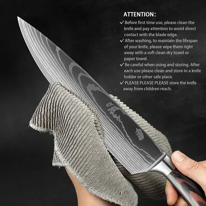 Laser Damascus Kitchen Knife Set – Cleaver, Santoku, Bread, Boning & Kitchen Scissors