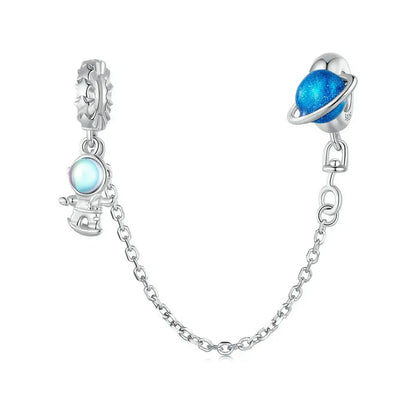925 Sterling Silver Safety Chain Charm – Heart, Key & Flower CZ Stopper Bead