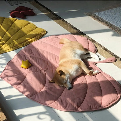 Dog lying on a pink pet bed with a yellow toy nearby