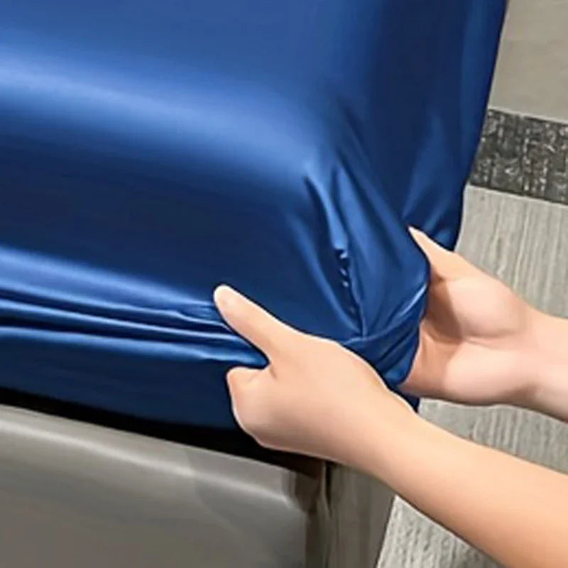Modern Satin Ice Silk Solid Color Fitted Sheet – Smooth Bedroom Bedspread (Excluding Pillowcases)