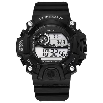 Black digital sports watch on a white background