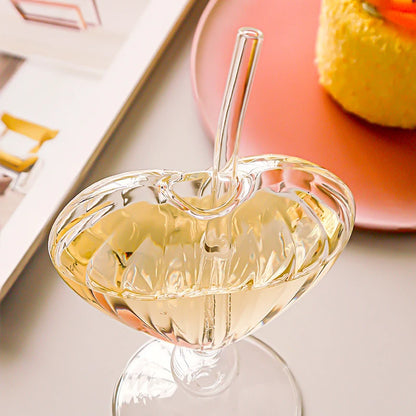 Heart-Shaped Glass Cup with Straw – 220ml Crystal Juice & Wine Glass