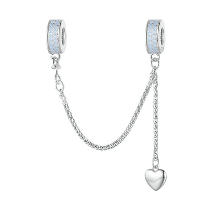925 Sterling Silver Safety Chain Charm – Heart, Key & Flower CZ Stopper Bead