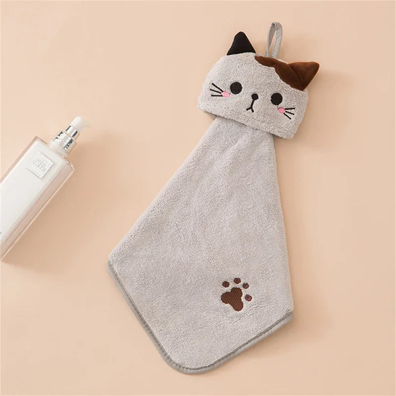 Cute Cat Coral Velvet Hand Towel – Soft Absorbent Hanging Towel for Kitchen & Bathroom