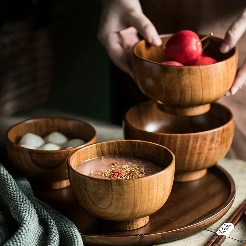 1PCS Natural Wooden Rice Bowl Household Salad Ice Cream Fruit Wooden Bowl Kitchen Food Storage Tableware