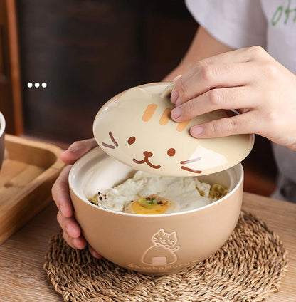 Japanese Cute Cartoon Animal Ceramic Soup Bowl with Lid – Instant Noodle & Rice Bowl Tableware