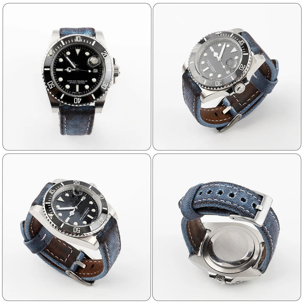 Retro Wet Wax Canvas Watch Band 18mm 19mm 20mm 21mm 22mm Gray Blue Brown Green Denim Strap Replacement Quick Release Watchbands - BeeTrendyShop.COM