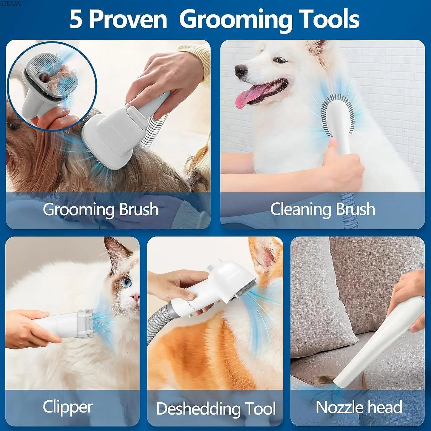 ATUBAN Dog Grooming Vacuum Kit – 2.3L Capacity, 5 Tools, Low Noise Pet Clipper