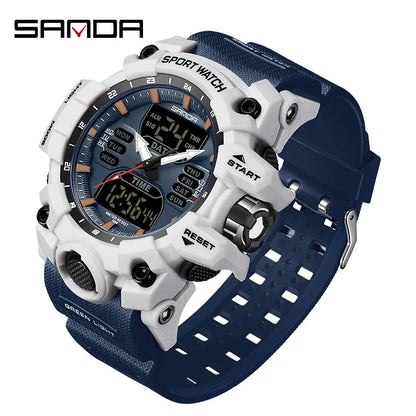 Blue and white sports watch with digital display on a white background
