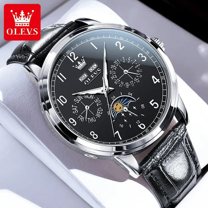 OLEVS watch with black leather strap and detailed face on a white background