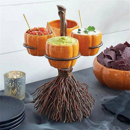 Halloween Pumpkin Snack & Dessert Tray – Party Buffet Display Rack with Witch Bowl & Cake Stand