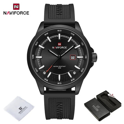 Black Naviforce watch with strap, box, and cloth on a white background