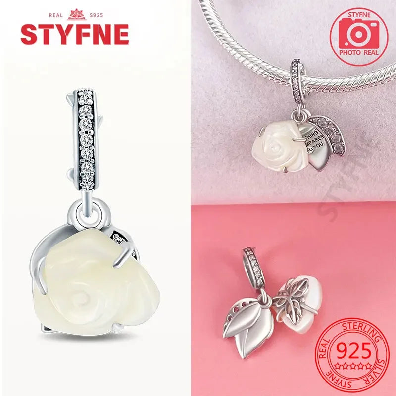 925 Silver Rose Pink Flower Shiny  Zircon Charm Beads For Original Charms Original Bracelet for Women DIY fine Jewelry Gift