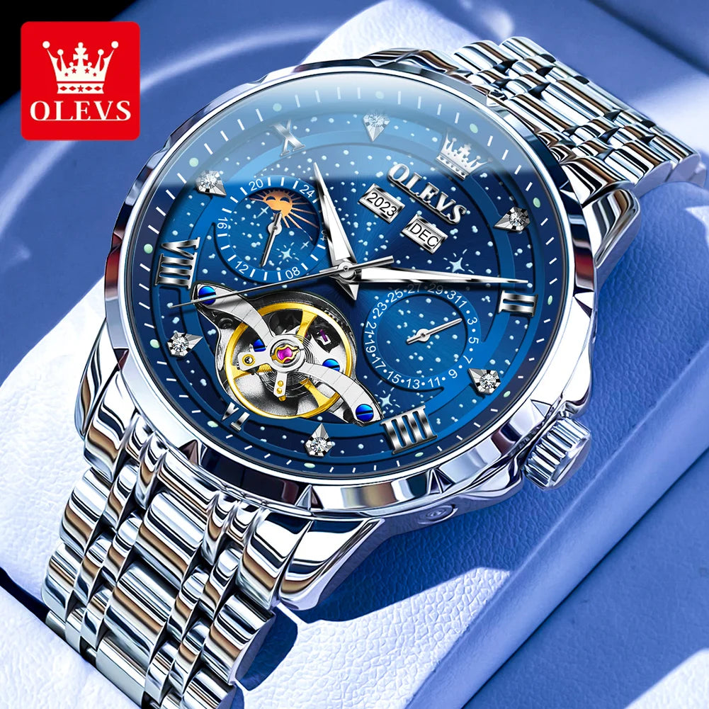 OLEVS 6689 Automatic Watch for Men Starry Sky Tourbillon Design Moon Phase Date Stainless steel Luminous Waterproof Wristwatch
