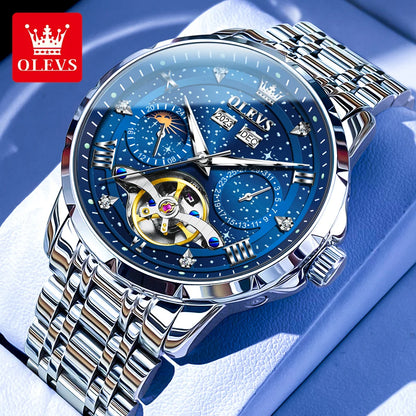 Silver OLEVS watch with blue face on a blue background