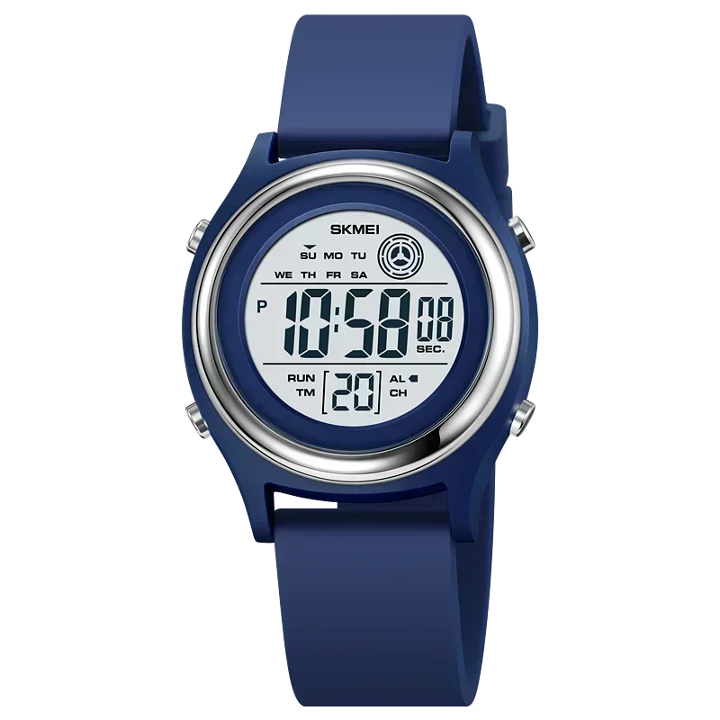 Blue digital watch with a white display on a white background