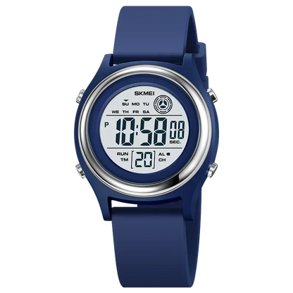 Blue digital watch with a white display on a white background