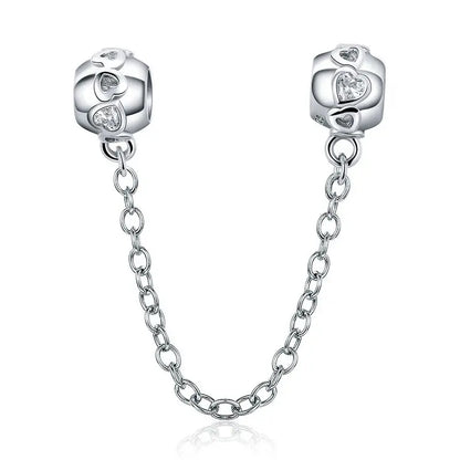 925 Sterling Silver Safety Chain Charm – Heart, Key & Flower CZ Stopper Bead