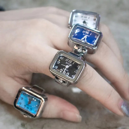 Vintage Punk Finger Watch Mini Elastic Strap Alloy Watches Couple Rings Jewelry Clock Retro Roman Quartz Watch Rings Women Men - BeeTrendyShop.COM