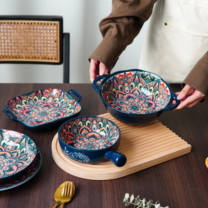 Bohemian Ceramic Tableware Set – Unique Floral Pattern Serving Plate for Home, Camping & Restaurant