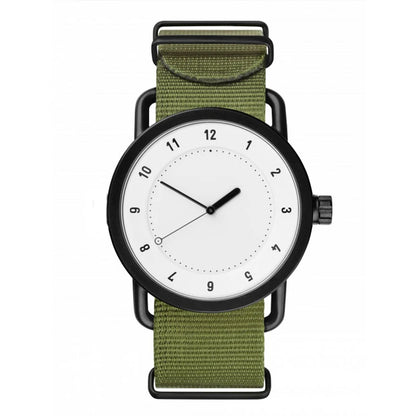 Watch with green strap and black case on a white background