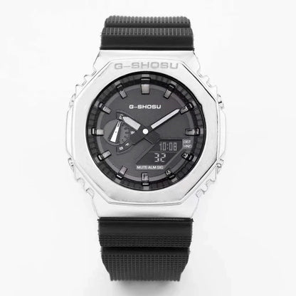 G-Shock watch with black strap and silver case on a white background