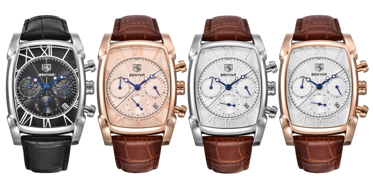 Four watches with different colored straps and cases on a white background