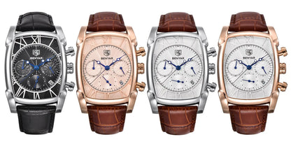 Four watches with different colored straps and cases on a white background