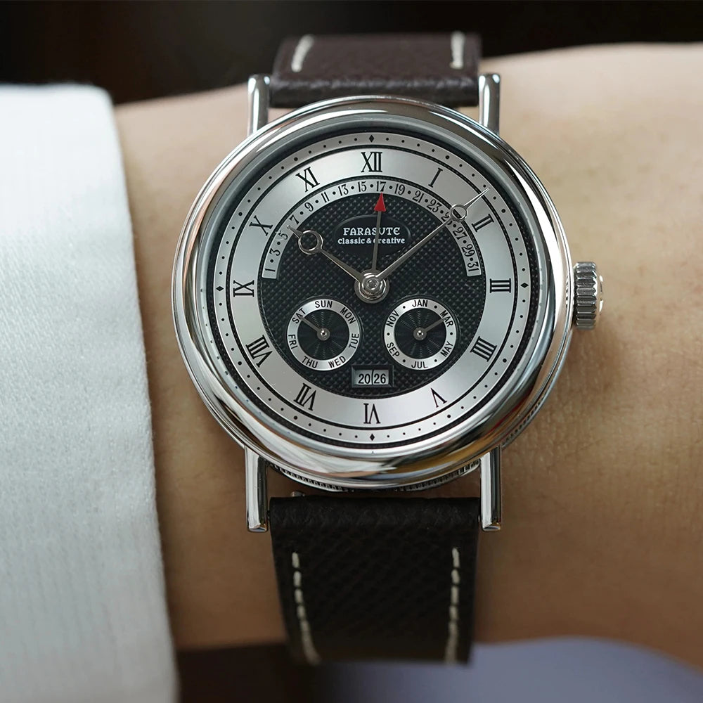 FARASUTE Men's Mechanical Watch Flyback Function Seagull Movement Month Display Week Display Calendar YearDisplay Sapphire Watch
