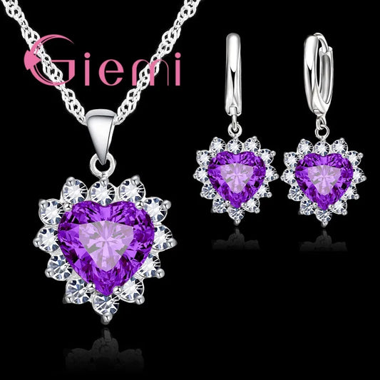 Love Heart Crystal Pendant Silver Color Party Jewelry Sets Necklace Earrings For Women Valentine Gifts